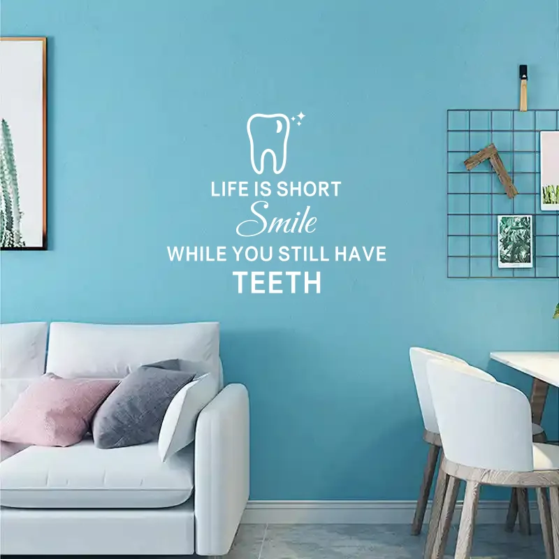 1pcs dental sticker life is short smile while you have teeth decal for wall glass store decal #484