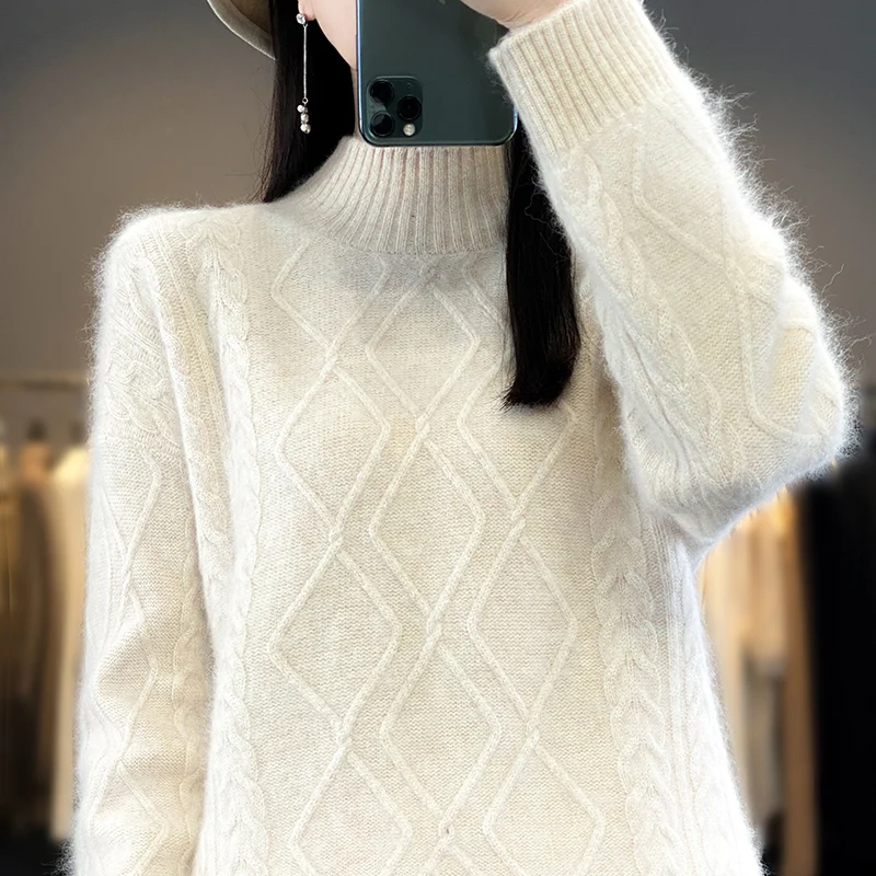 2024 Spring and Autumn New Women's Sweater 100% Mink Fleece Half High Neck Pullover Casual Knitted Basic Large Top