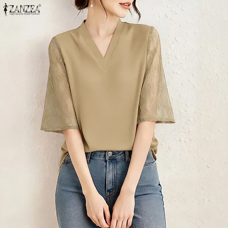 

2026 Summer Lace Patchwork Blouse ZANZEA Women Elegant 3/4 Sleeve Work Shirt Solid Loose Tops Tunic Casual V Neck Holiday Blusas