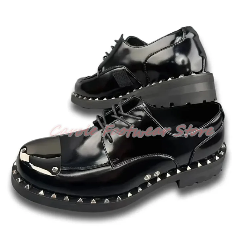 Punk Rivet Metal Decor Chunky Heel Loafers for Men Black Leather Lace-Up Business Formals Derby Shoes Male High Quality Loafers