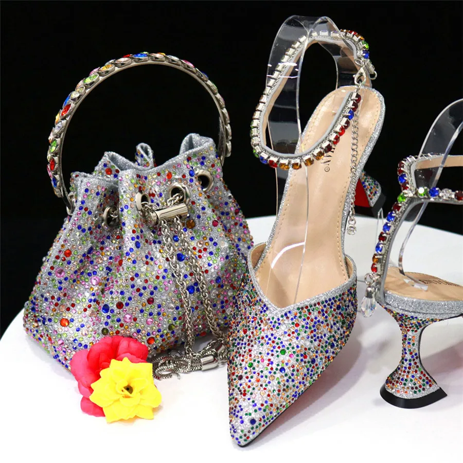 Luxury Purple Women Shoes And Bag Set Ladies High Heels Stones Pumps Match With Handbag High Heels Sandals Escarpins Femme CR582