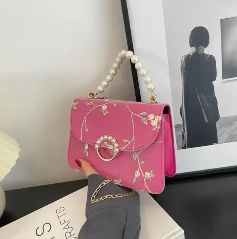Pu Blumen stickerei Umhängetaschen Messenger Vintage Perlenkette Handtaschen weibliche Mode Klappe Umhängetaschen