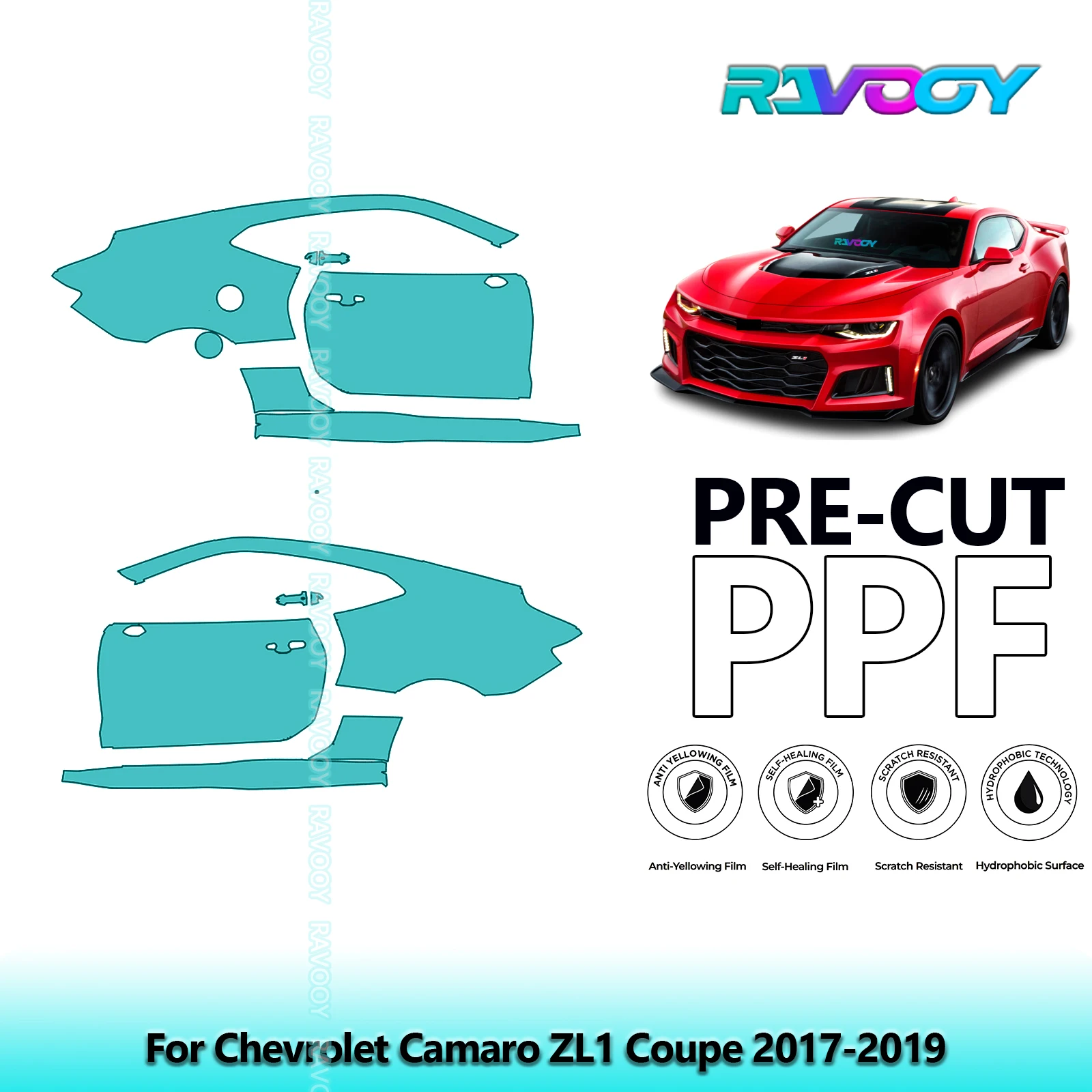 

For Chevrolet Camaro ZL1 Coupe 2017-2019 8.5mil Clear Matte Pre-Cut PPF Door & A/B Pillar Kit TPU Paint Protection Film Set
