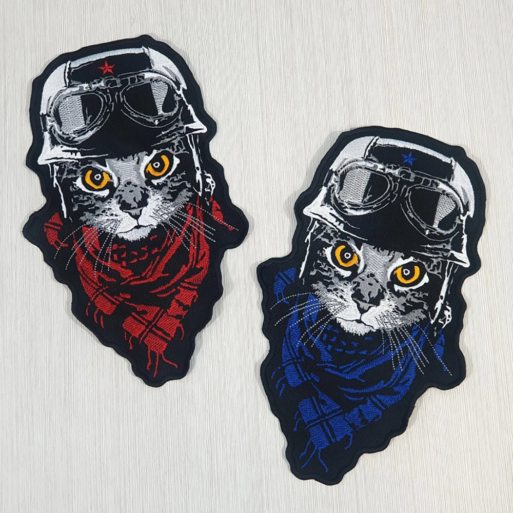 Red Blue Kitty Embroidery Patches Pilot Cat Large Size Biker Back Applique Iron on Motorcycle Jacket Vest DIY Punk Accessory