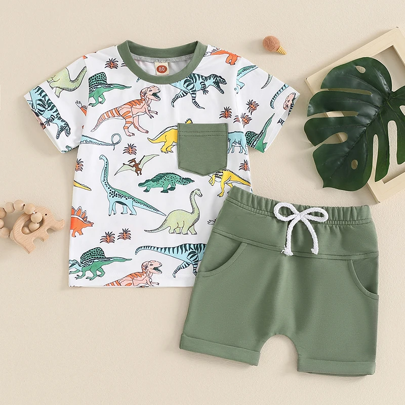 

2024-03-05 Lioraitiin 0-3Y Toddler Boy Summer Outfits Short Sleeve Dinosaur Print T-Shirt + Shorts Set Baby Clothes