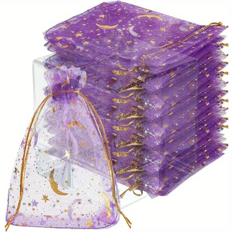Moon Stars Drawstring Organza Bags Jewelry Gift Bags Pouches Gold Star Organza Favor Pouches For Christmas Wedding