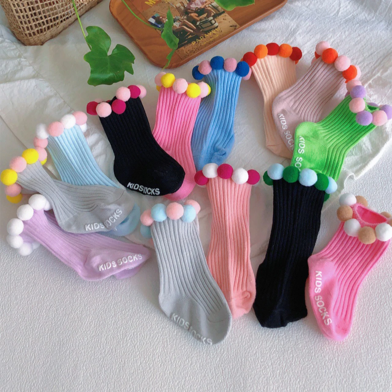  Colorful Plush Ball Girl Sock Princess Kids Calf Socks Spring Autumn Mid Tube Sock 0-2Year Baby Footwear Children Cotton Sock