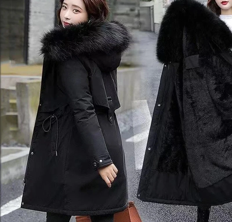

Женская шерстяная куртка с капюшоном и меховым воротником, толстая теплая зимняя одежда, стеганые парки, зимняя новая однотонная куртка средней длины