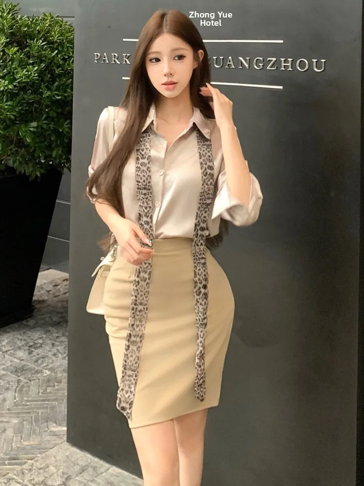 Elegant High Waist Slim Fit Shirt And Scarf Set Single Button Flip Collar Skirt Ensemble Fashionable Casual Wear for Women