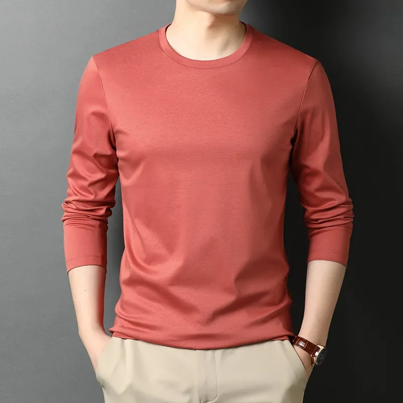 Liquid Ammonia Non-ironing Double-sided Mercerized Cotton Leisure Round Neck Long Sleeve T-shirt Slim Solid Color Thin Shirt
