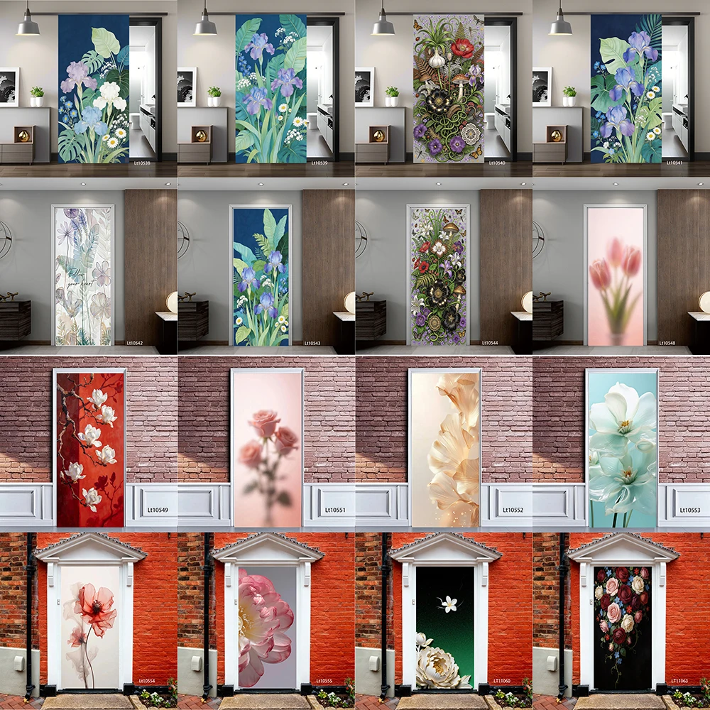 

Tropical Floral Door Sticker, Removable Peel and Stick Self Adhesive Wallpaper, Botanical Flower Mural for Home Decor