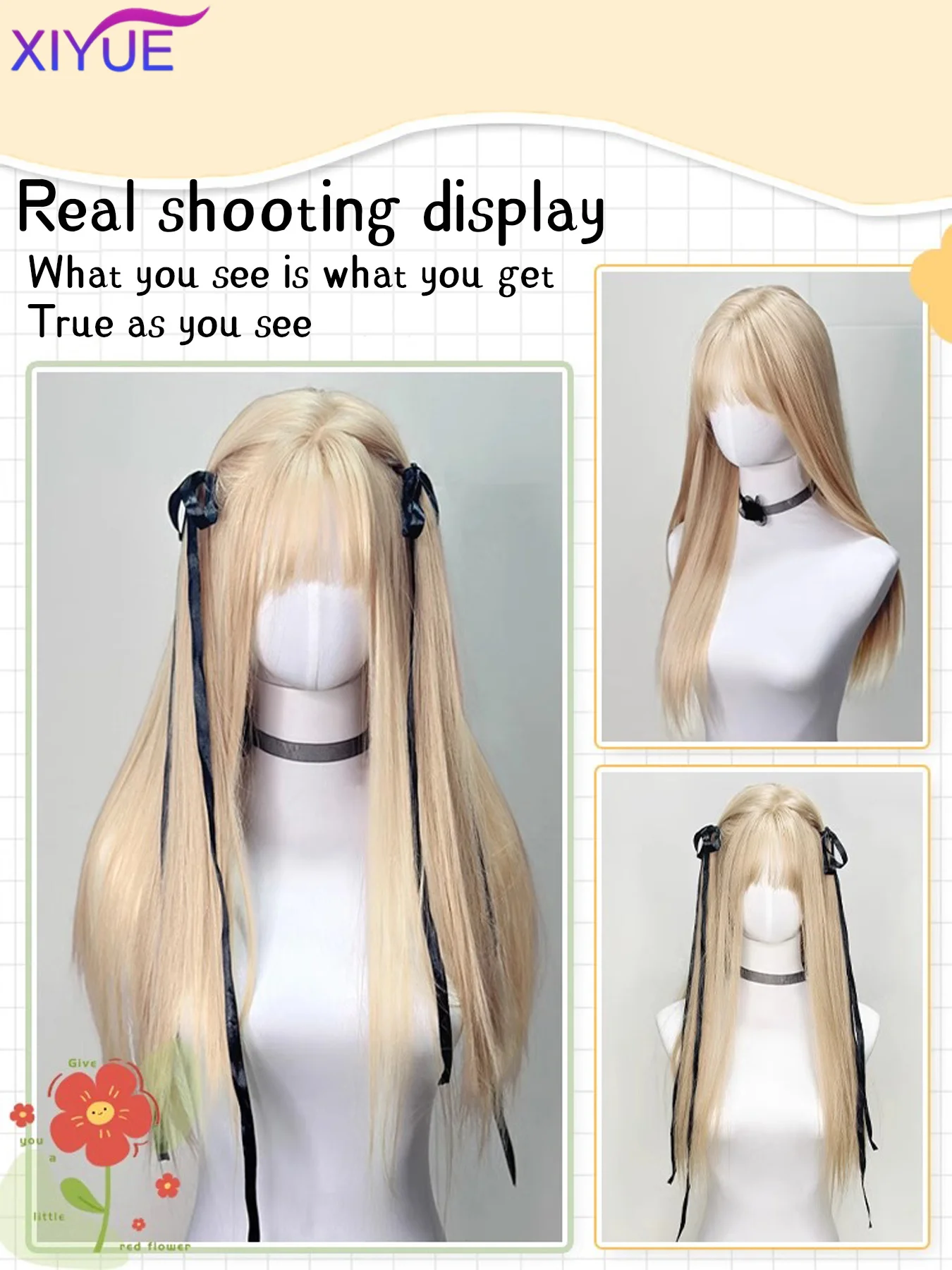 XIYUE Blonde Golden Long Straight Synthetic Wigs with Bangs Beige Lolita Hairs Wig for Women Daily Party Heat Resistant Fiber