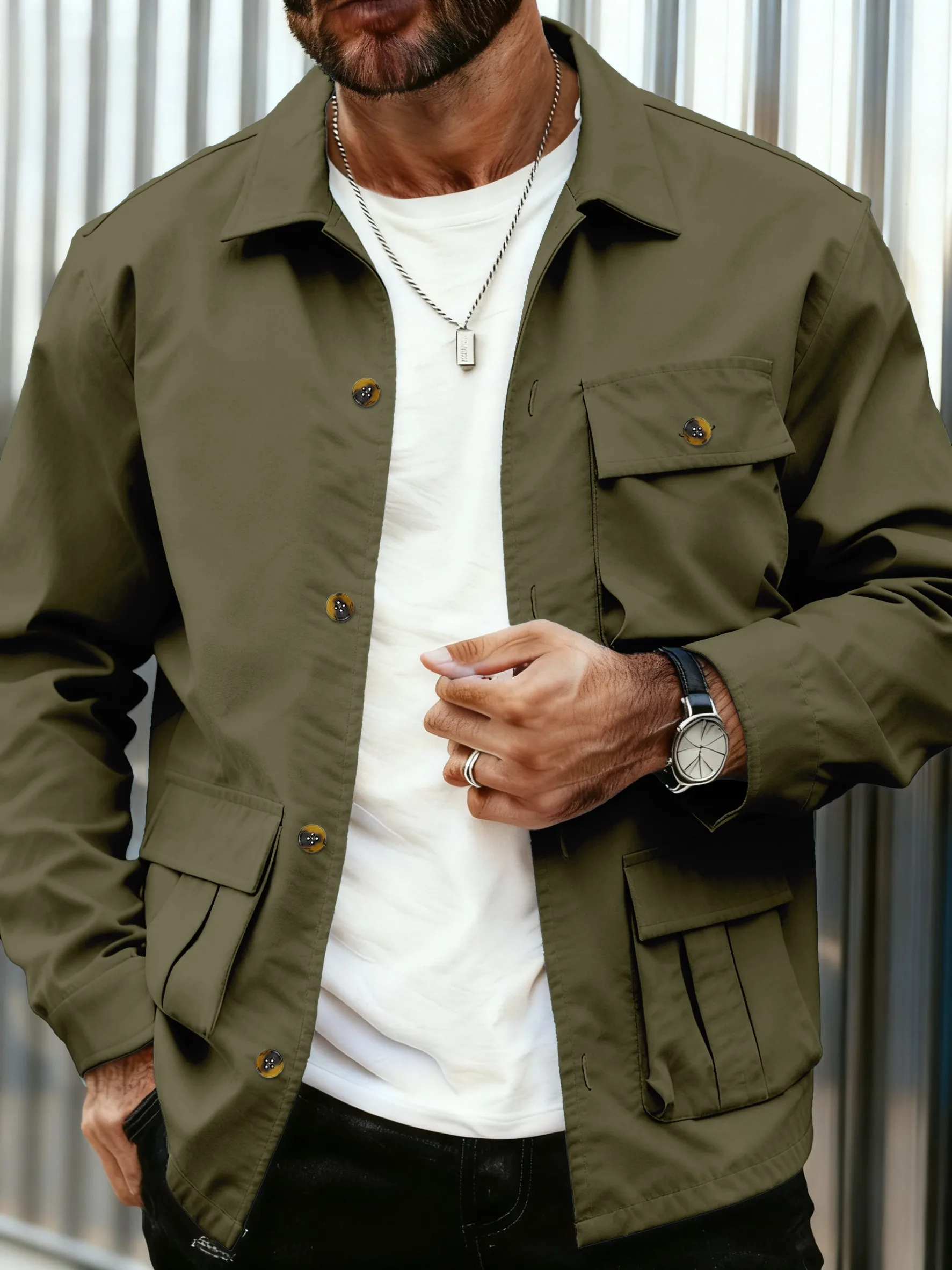 Picture 7: Men's Spring Autumn Workwear Jacket with Multiple Pockets Casual Pilot Open Cardigan Button Large Pocket Outerwear