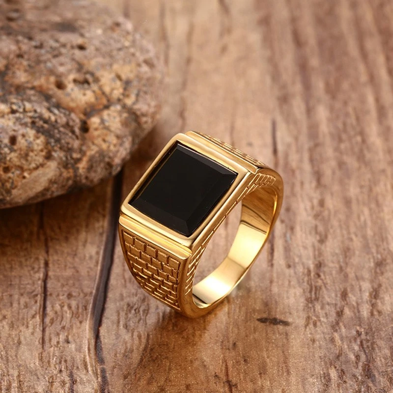 Vintage Square Gold Color Ring For Men Black Stone Stainless Steel Male Jewelry Big Size 7 To Size 13Amazing Price