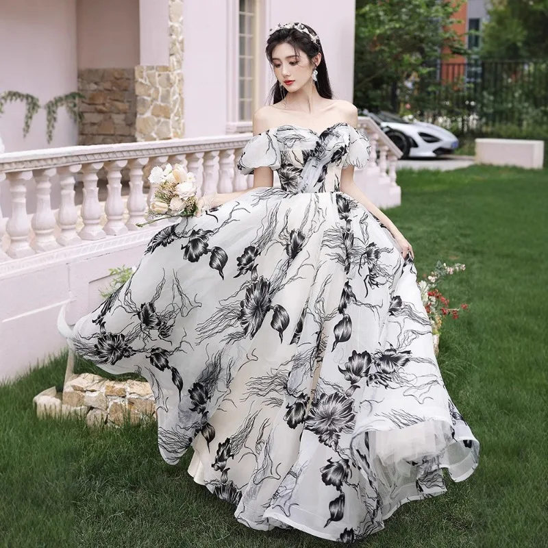 قبالة الكتف فقاعة كم مأدبة اللباس الرجعية الحبر اللوحة تنورة طويلة فستان الأميرة الأخوات حزب اللباس مزاجه أنيقة