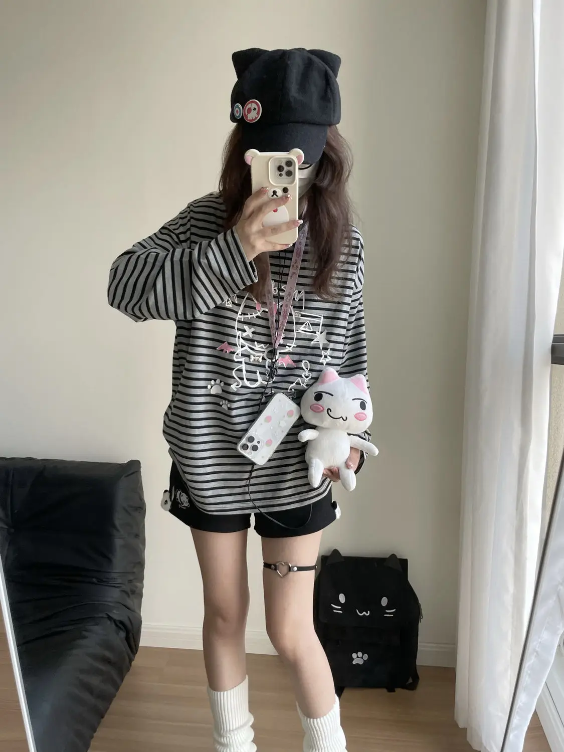 QWEEK Harajuku Kawaii Cartoon Cat Print Striped Sweatshirts Women Sweet Cute Graphic Hoodies Japanese Y2k Style Long Sleeve Tops