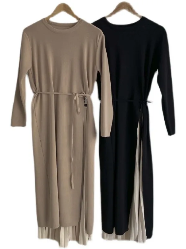 Ele Chic Dzianinowa Sukienka Midi Damska z Okrągłym Dekoltem, Zdobiona Plisami w Talii, Długa, Jednoczęściowa, Ekskluzywna Oferta Online