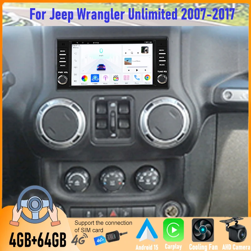 

7'' 4+64GB Android Car Stereo For Jeep Wrangler Unlimited 2007-2017 Wireless Apple CarPlay GPS Navi BT Head Unit Camera FM 2DIN