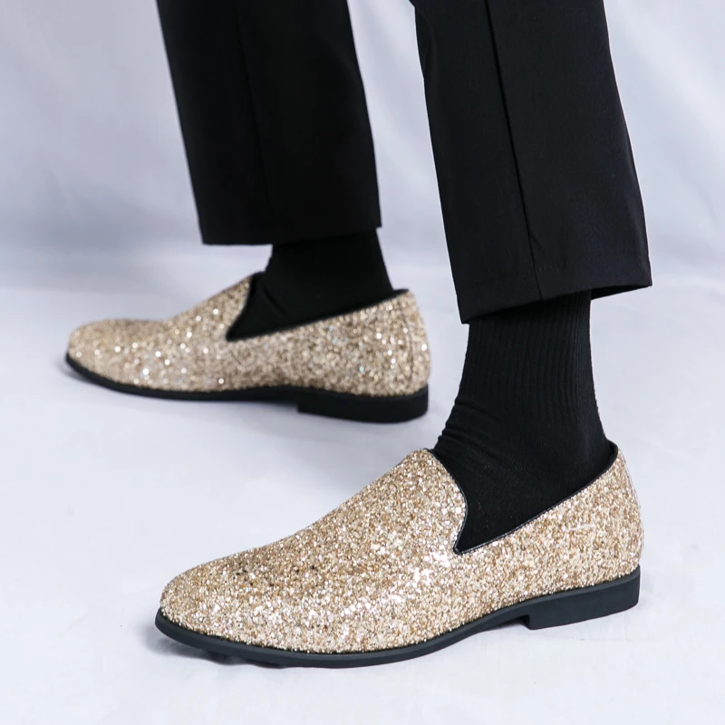 Zapatos de vestir con plataforma para Hombre, mocasines sin cordones de diseñador con lentejuelas, a la moda, para fiesta y boda