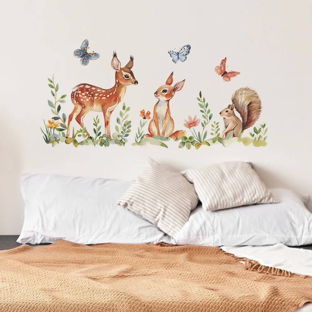 The new cartoon deer squirrel butterfly children's bedroom living room home decoration beautification wall stickers sell well