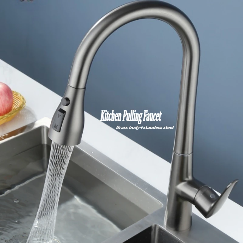 

Kitchen sink pull hot and cold faucet, brass gray three-outlet vegetable basin, dishwasher can rotate faucet
