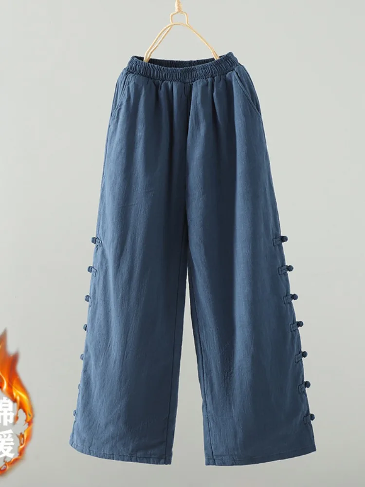 Thiened 리넨 코튼 팬츠 여성용 겨울 캐주얼 스트레이트 레그 따뜻한 스포츠웨어 아우터웨어 하이 웨이스트 롱 트라우저