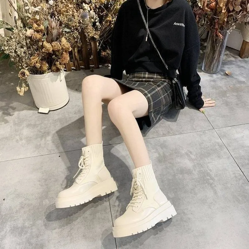 Chunky Elastic Sock Footwear Short Shoes for Women Platform with Laces Female Ankle Boots Lace-up Booties Waterproof Boot Pu Y2k