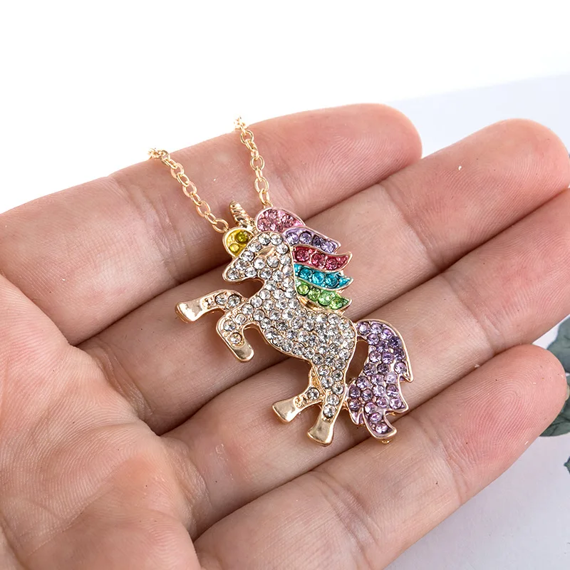 Fashion cute unicorn necklace Valentine\'s Day Colorful pony pendant Student Christmas gift lady sweater chain pendant