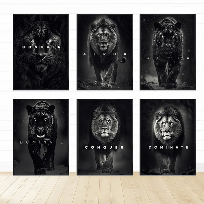 Black White Inspirational Wild Animal Poster Prints with Frame Tiger Lion Wolf Wall Art Canvas Painting Man‘s Room Decor Picutre