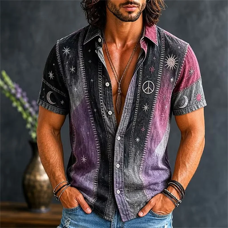 New Purple Black Gradient Sun Moon Star Peace Symbol Men's Short Sleeve Shirt Retro Hippie Collar Casual Shirt