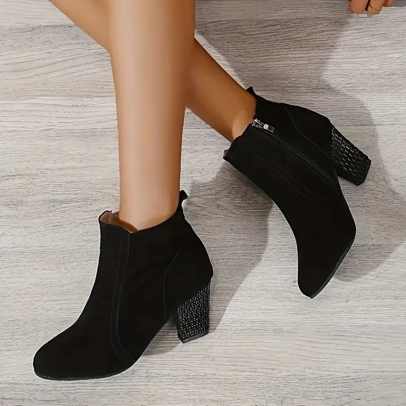 Black High Heels Ankle Boots for Women Autumn Side Zip Khaki Short Botas Mujer Fashion Thick Heeled Booties