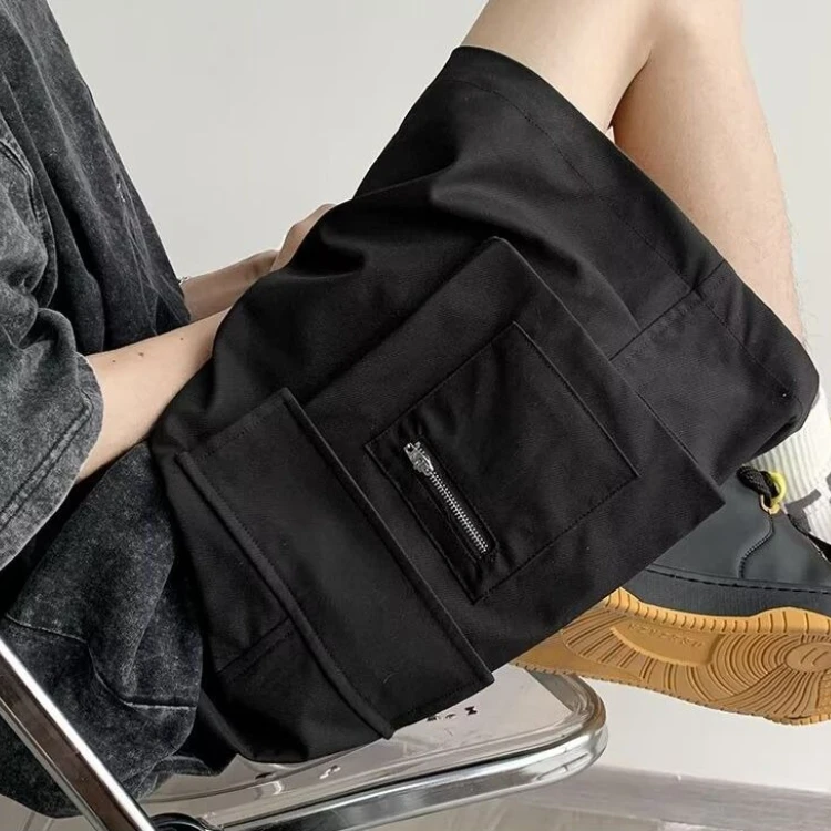 

Japanese Style Men's Cargo Shorts Khaki Summer Retro Versatile Zipper Mid-Length Lightweight Breathable Hot Weather Outdoor Wear