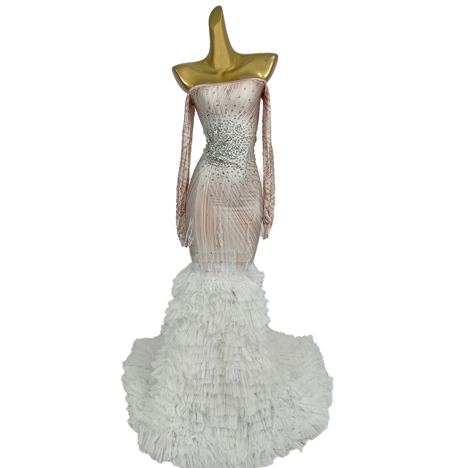 Gorgeous Women's strapless Wedding Evening Dress High Elasticity Spandex Fabric Splicing White Mesh Tailed Long Dress baofengxue