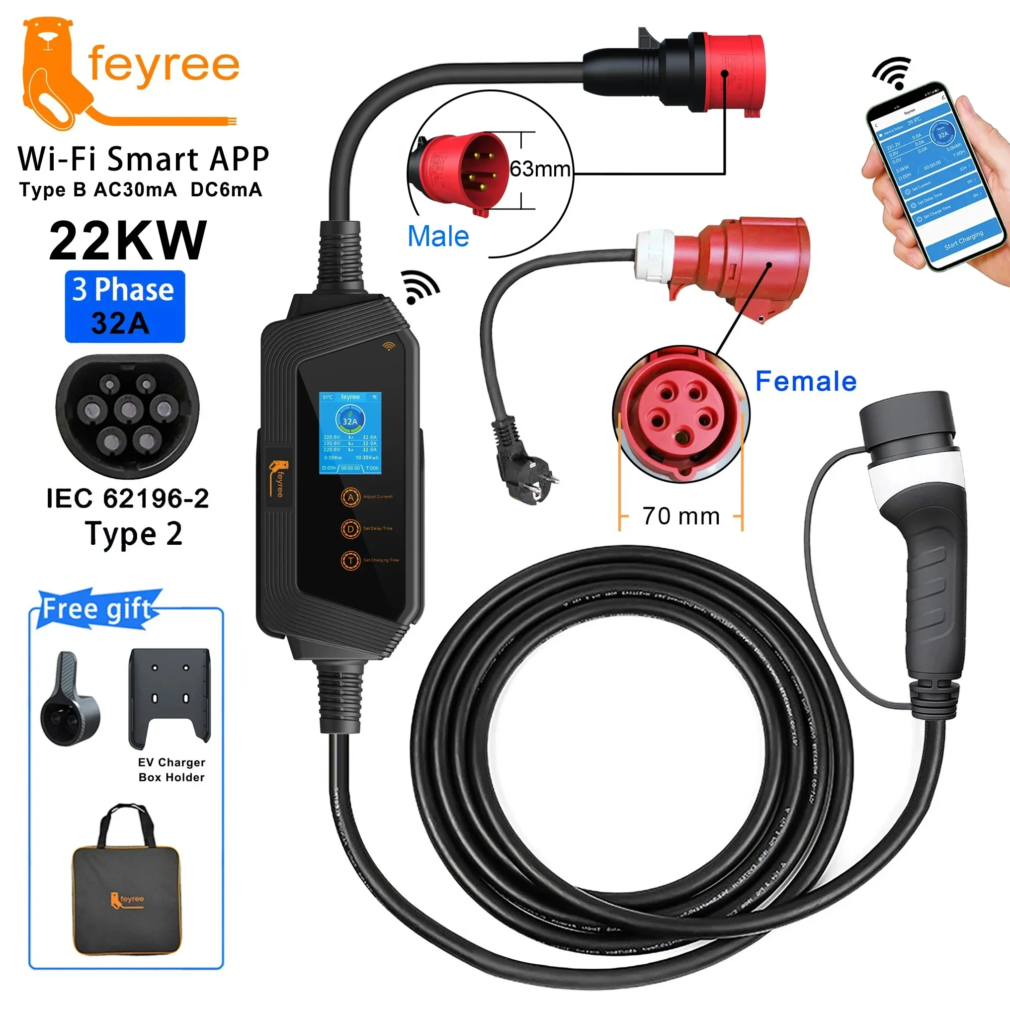 feyree 22KW 32A 3Phase Type2 Portable EV Charger Wi-Fi APP Control EVSE Charging Box Charging Station for Electric Car Charger