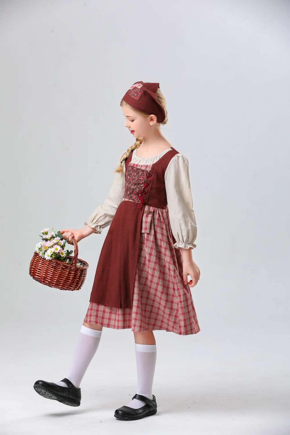 

Kids Red Plaid Fake Two-piece Long Sleeve Floral Dress Little Match Girl Cosplay Costume Manor Farm Maid Halloween Costumes