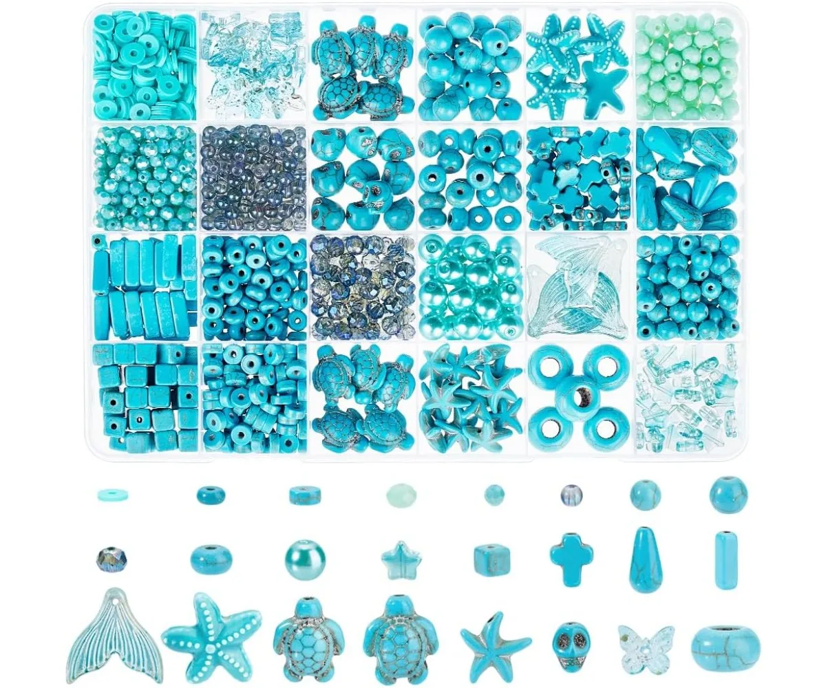 Contas de pedras preciosas turquesa e estrela do mar tartaruga, vidro azul Heishi Beads, praia do verão, 24 estilos, 1071pcs