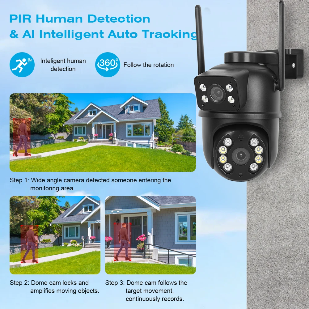 8MP 4K PTZ Wifi カメラ デュアルレンズ デュアルスクリーン AI 人体検出 ワイヤレス屋外 CCTV セキュリティ IP カメラ