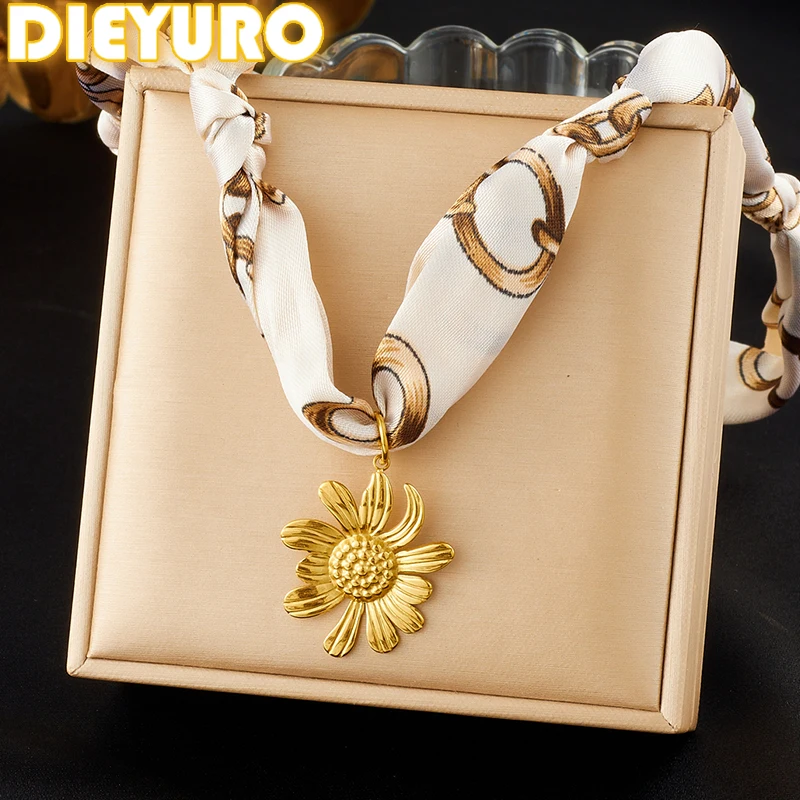 DIEYURO 316L Stainless Steel Golden Irregular Flower Pendant Necklace For Women White Pattern Ribbon Chain Vacation Jewelry Gift