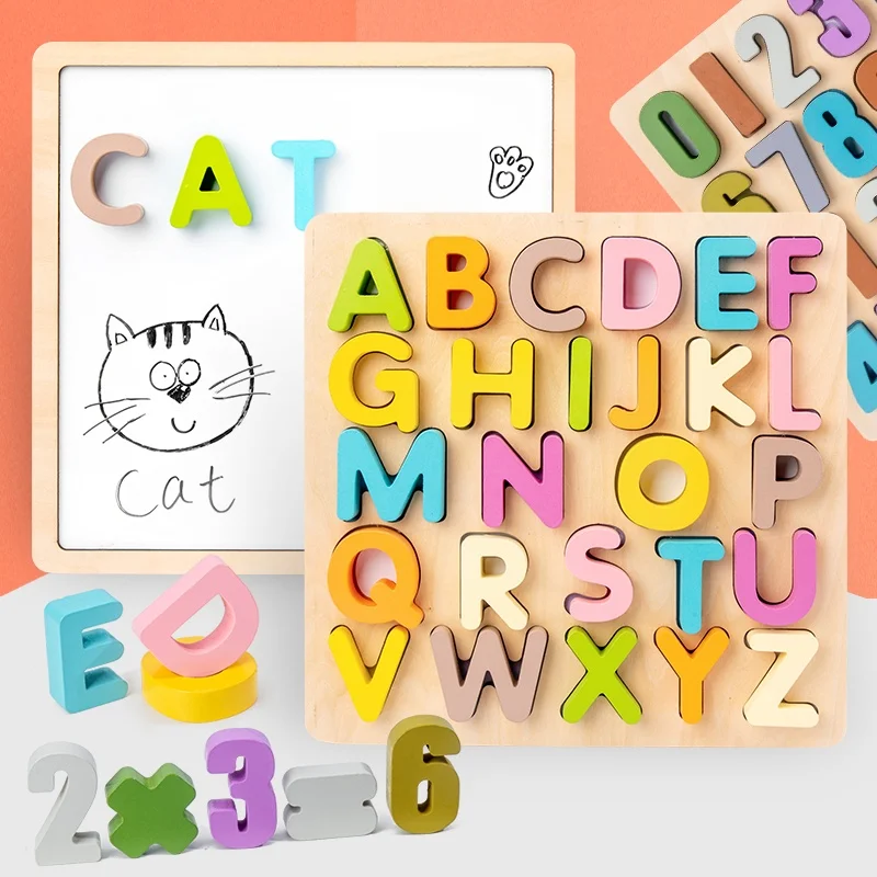 Conjunto de quebra-cabeças em forma de alfabeto e números de madeira, quebra-cabeças coloridos para crianças para reconhecer letras, números e formas, super práticas
