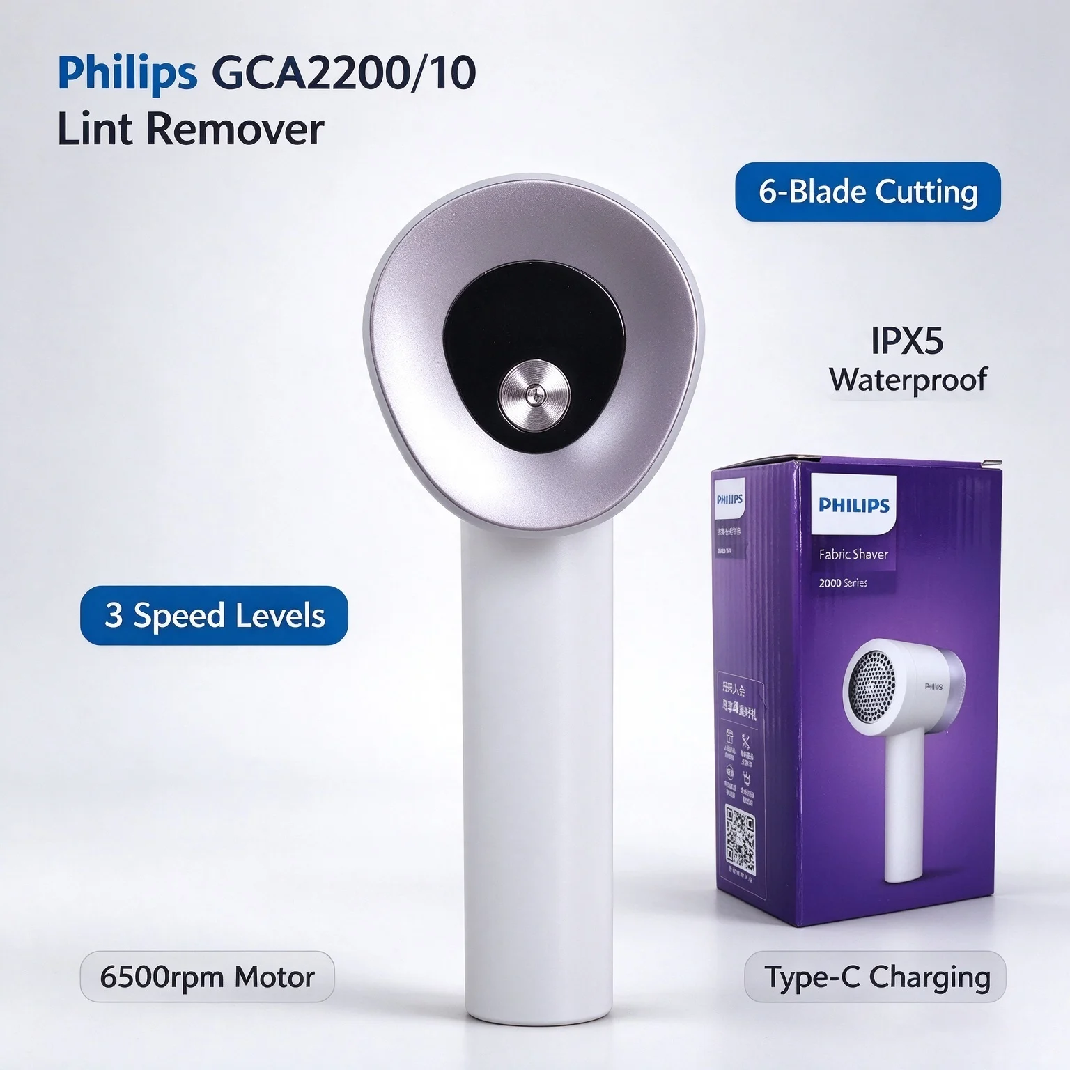 Philips GCA2200 Electric Lint Remover 6 Blades Fabric Shaver 3 Gears Speed Type-C Charging LED Indicator Electric Clothes Shaver