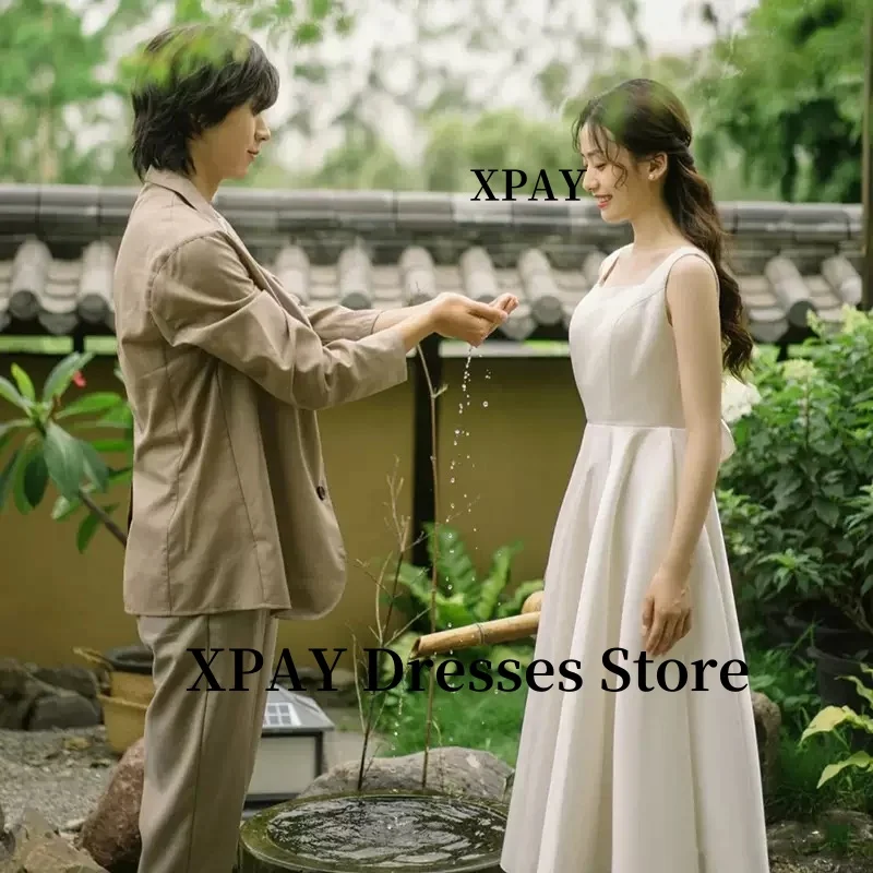 XPAY Square Neck A Line Tea Length Wedding Party Dresses Korea Photo shoot Thick Matte Satin Bridal Gowns Receiption Cusotmized