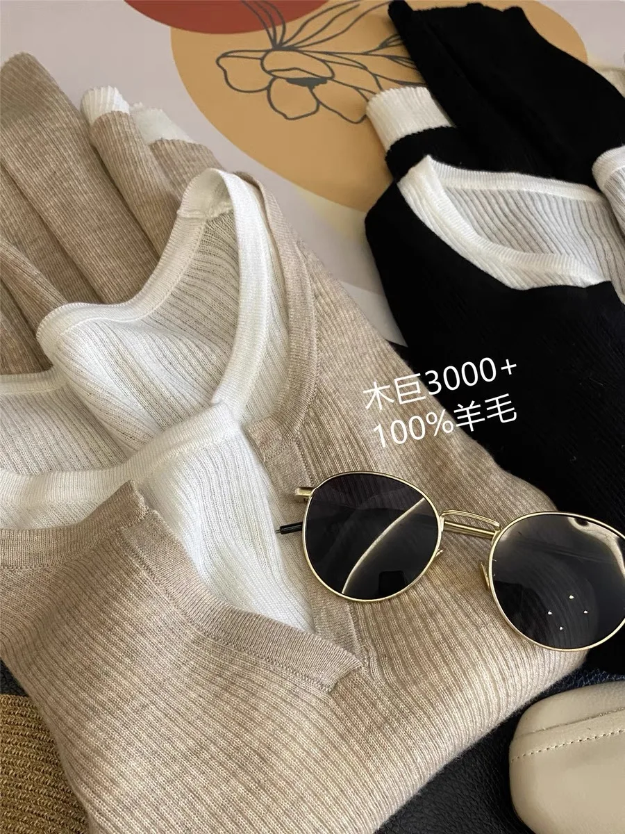 Women's sweater autumn new 100% pure wool sweater casual fake two-piece knitted Tops round V-neck pullover slim stitching Blouse