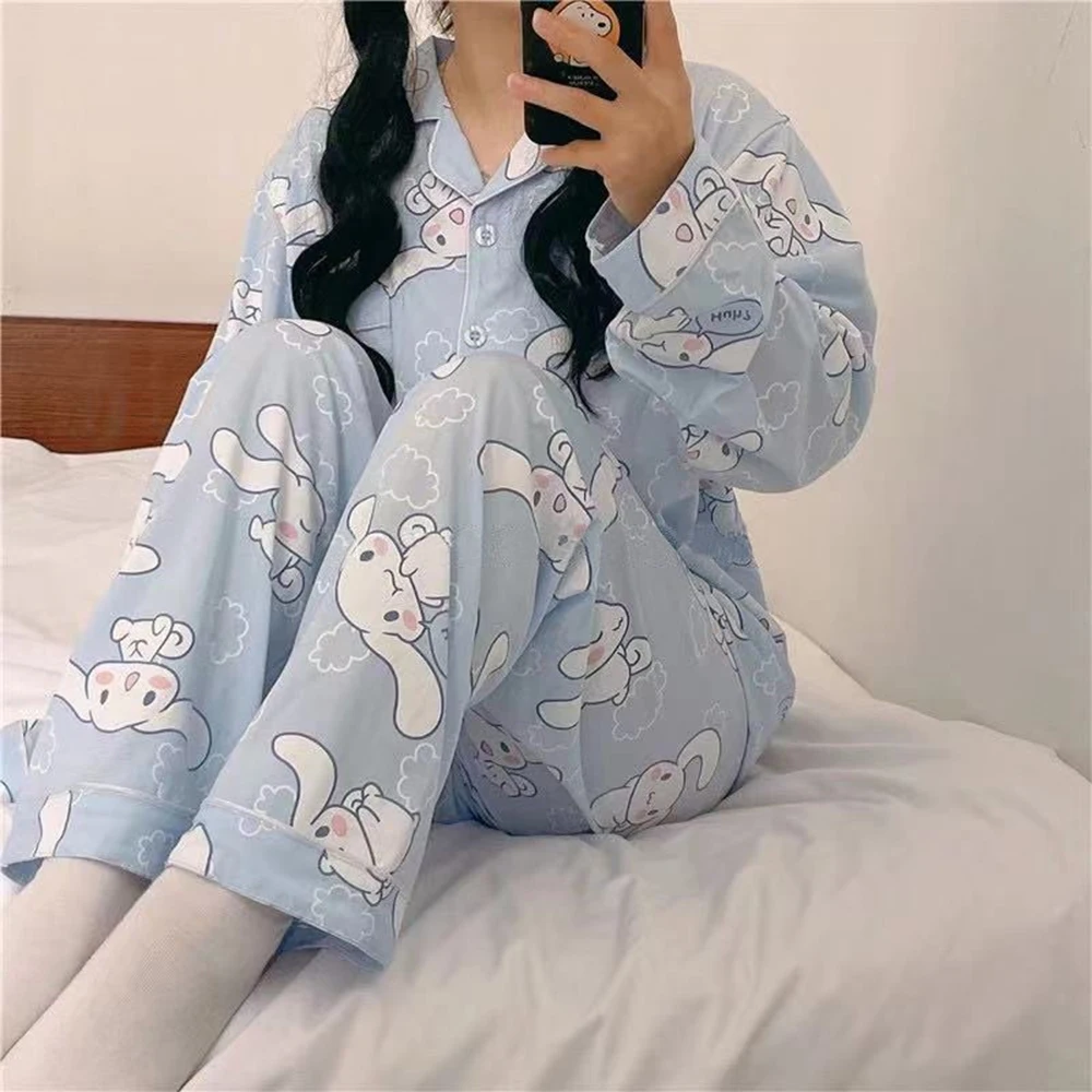 Autumn Women Long-sleeved Pajama Sets Cute Rabbit Print Button Sleepwear Homewear Female Pyjamas Loungewear Nightwear