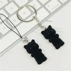 Cute 3D Flocking Black Kitten Keychain Little Cat Couple Mobile Phone Pendant Car Keyring Earphone Backpack Charms Bag Decor