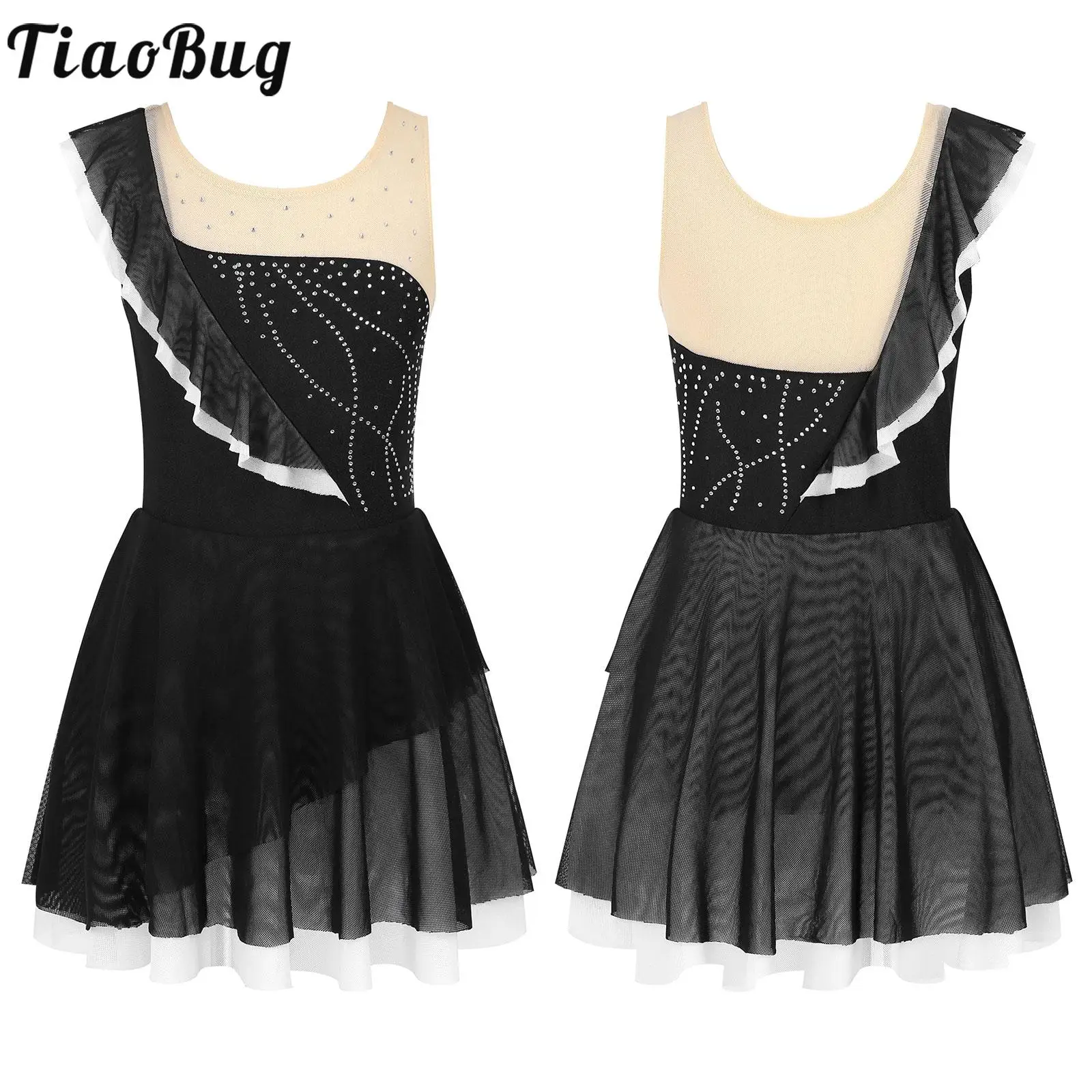 Kids Girls Asymmetrical Stylish Clothing Sleeveless Round Neck Skating Dress Shiny Rhinestone Decor Ruffles Patchwork Veil Dress