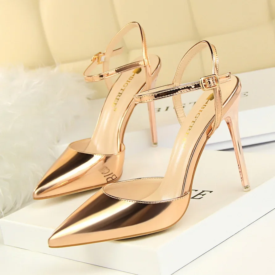 Simple Thin Heel Super High Heel Sandals Shallow Tip Patent Leather Sexy Nightclub Slim One Line Strap Women's Sandals For Party