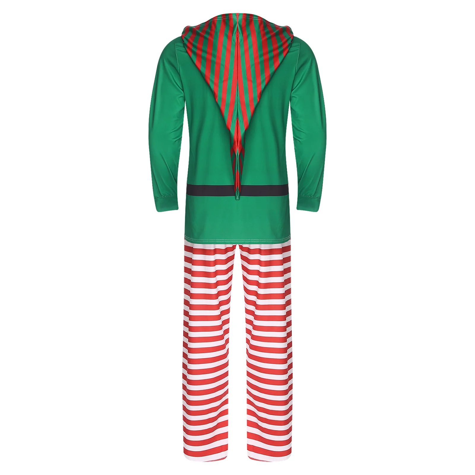 Mens Christmas Elf Pajamas Party Cosplay Costume Long Sleeve Hooded Top And Striped Pants Set for Xmas Holiday Eve Gathering view 5