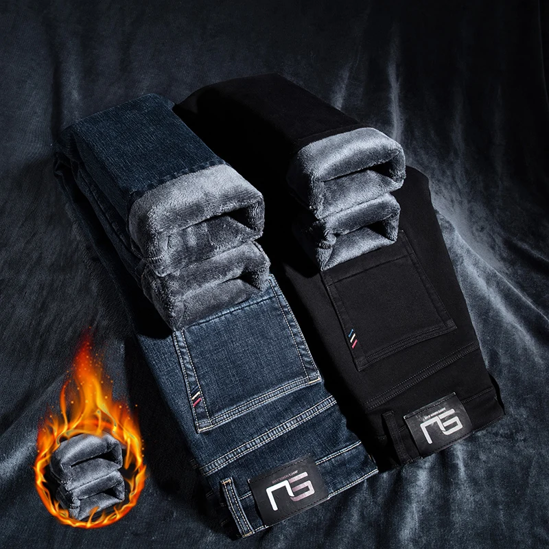 

Новые зимние мужские флисовые джинсы в Корейском стиле, уличные бархатные утолщенные теплые облегающие джинсовые брюки, деловые повседневные рабочие брендовые брюки