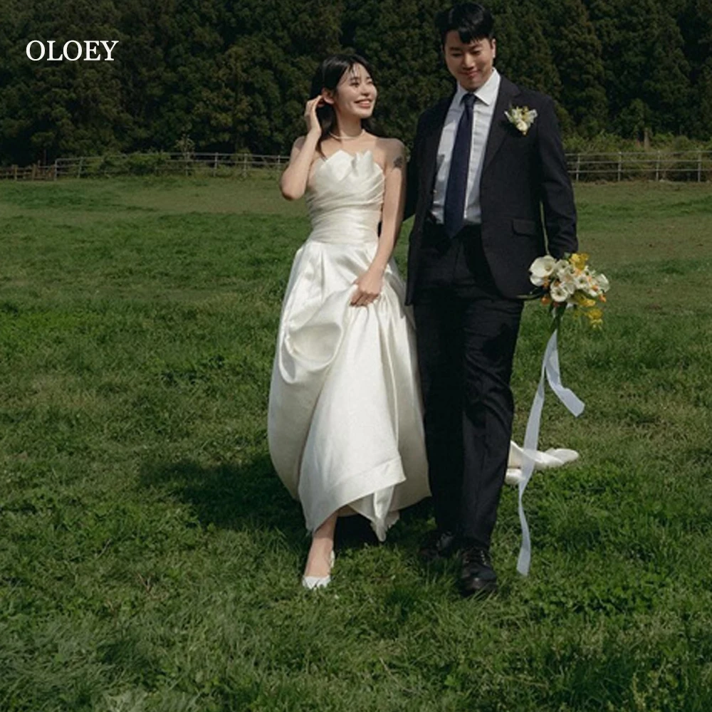 OLOEY Simple Satin Wedding Dresses Korea Photoshoot Strapless Pleats Floor Length Bridal Gowns Corset BacK Custom Made