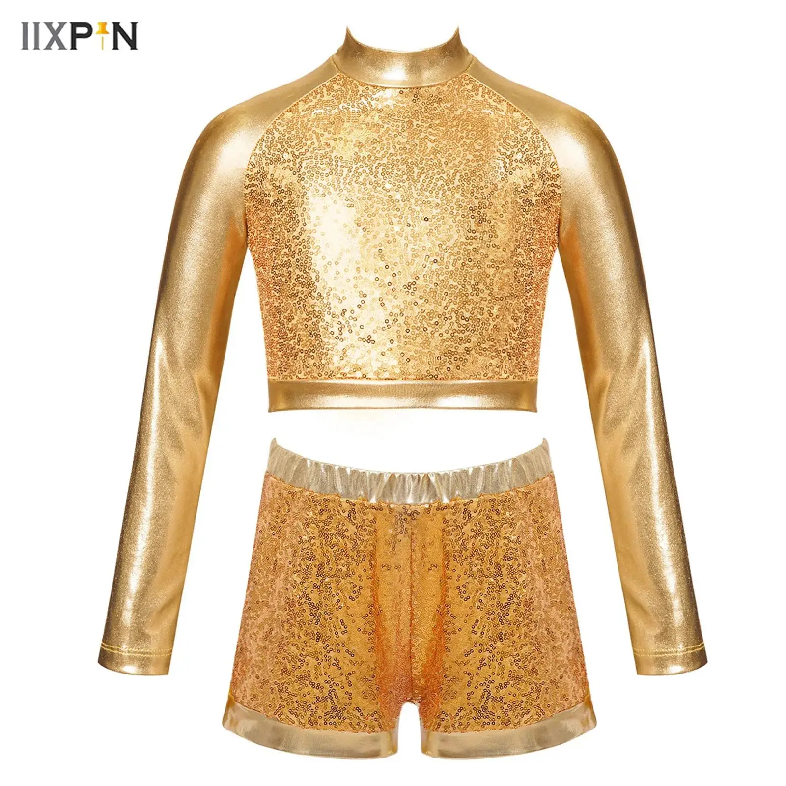 Kids Girls Jazz Hip-hop Dance Performance Outfit Mock Neck Long Sleeve Front Shiny Sequin Crop Top with Sequined Metallic Shorts